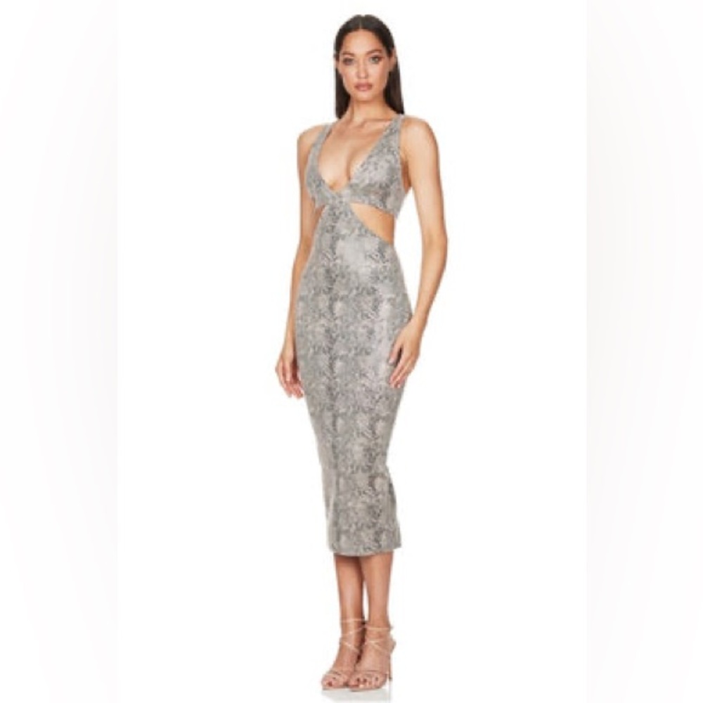 NOOKIE GIGI MIDI - NATURAL SNAKE  Print Cutout Dress SMALL